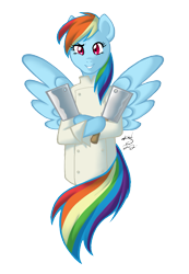 Size: 579x836 | Tagged: safe, artist:athousandknives, rainbow dash, pegasus, pony, chef, cleaver, clothes, costume, knife, solo, tattoo