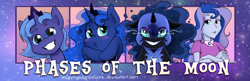 Size: 1500x485 | Tagged: safe, artist:midnightpremiere, nightmare moon, princess luna, vice principal luna, alicorn, pony, equestria girls, blushing, clothes, crossed arms, crown, cute, duality, evil grin, female, floppy ears, grin, jewelry, looking at you, lunabetes, lunar trinity, mare, regalia, s1 luna, smiling