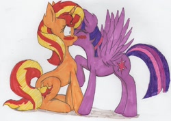 Size: 1342x950 | Tagged: safe, artist:shard-of-life, derpibooru import, sunset shimmer, twilight sparkle, twilight sparkle (alicorn), alicorn, pony, unicorn, blushing, eyes closed, female, kissing, lesbian, shipping, simple background, sunsetsparkle, traditional art