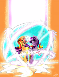 Size: 2210x2872 | Tagged: safe, artist:shard-of-life, derpibooru import, sunset shimmer, twilight sparkle, twilight sparkle (alicorn), alicorn, pony, unicorn, female, horns are touching, lesbian, magic, shipping, sunsetsparkle