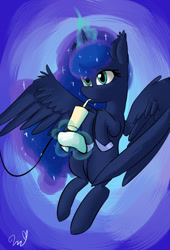 Size: 1062x1562 | Tagged: safe, artist:passigcamel, princess luna, alicorn, pony, cup, drink, female, gamer luna, glowing horn, magic, mare, solo, telekinesis, video game