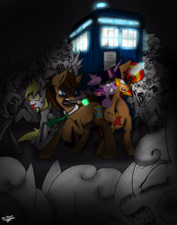 Size: 2432x3094 | Tagged: safe, artist:shard-of-life, derpibooru import, derpy hooves, doctor whooves, sunset shimmer, twilight sparkle, pony, crossover, dark, doctor who, sonic screwdriver, tardis, weeping angels, weeping pegasi