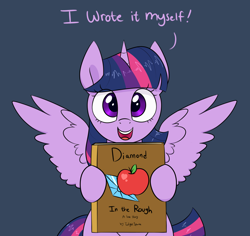 Size: 1800x1700 | Tagged: safe, artist:notenoughapples, derpibooru import, applejack, rarity, twilight sparkle, twilight sparkle (alicorn), alicorn, earth pony, pony, unicorn, friendship is witchcraft, adorkable, book, cute, dialogue, dork, fanfic, female, hoof hold, implied rarijack, lesbian, looking at you, mare, open mouth, rarijack, shipper on deck, shipping, simple background, smiling, solo, spread wings, twiabetes, twilight loves fanfiction, twilight the shipper, wingboner