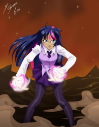 Size: 2466x3162 | Tagged: safe, artist:shinta-girl, derpibooru import, twilight sparkle, human, twilight's kingdom, bindi, clothes, fight, humanized, necktie, pantyhose, scene interpretation, skirt, smiling, solo, super saiyan princess, twilight vs tirek, vest