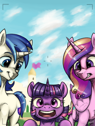 Size: 2800x3700 | Tagged: safe, artist:silverhopexiii, princess cadance, shining armor, twilight sparkle, alicorn, pony, unicorn, brother and sister, camera shot, cute, female, filly, filly twilight sparkle, happy, male, mare, photobomb, siblings, smiling, stallion, younger