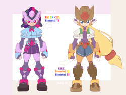 Size: 1600x1200 | Tagged: safe, artist:thegreatrouge, derpibooru import, applejack, rainbow dash, rarity, twilight sparkle, twilight sparkle (alicorn), alicorn, equestria girls, armor, armor skirt, clothes, cowboy hat, crossover, denim skirt, duo, fusion, hat, megaman, megaman zx, skirt, stetson