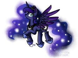 Size: 800x600 | Tagged: safe, artist:lunardragonslay, princess luna, alicorn, pony, flying, simple background, smiling, solo, transparent background