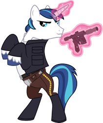 Size: 843x1000 | Tagged: safe, artist:cloudyglow, shining armor, pony, unicorn, blaster, clothes, cosplay, costume, disney, glowing horn, han solo, magic, rearing, simple background, solo, star wars, telekinesis, transparent background, unshorn fetlocks