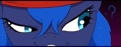 Size: 1225x476 | Tagged: safe, artist:doublewbrothers, princess luna, alicorn, pony, comic:luna land, clothes, comic, cropped, dat face, question mark, smiling, smirk