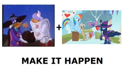 Size: 1231x728 | Tagged: safe, edit, edited screencap, screencap, mare do well, mayor mare, rainbow dash, pegasus, pony, the mysterious mare do well, darkwing duck, exploitable meme, gizmoduck, make it happen, meta