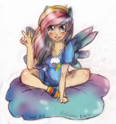 Size: 1404x1500 | Tagged: safe, artist:eden-tic, rainbow dash, cloud, eared humanization, humanized, solo, winged humanization