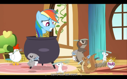 Size: 1024x640 | Tagged: safe, edit, edited screencap, screencap, rainbow dash, chicken, ferret, mouse, pegasus, pony, rabbit, squirrel, magical mystery cure, caption, cauldron, cooking pot, fork, peril, pony as food, rainbond dash, rope, spoon, tied up, youtube caption