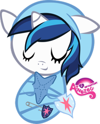 Size: 398x490 | Tagged: safe, shining armor, pony, unicorn, baby, baby blanket, baby pony, babying armor, badge, happy baby, newborn, plushie, safety pin, shield, simple background, sleeping, smiling, solo, swaddled, transparent background, wrapped snugly