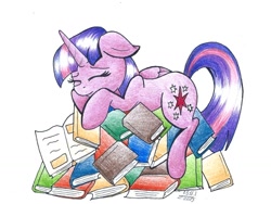 Size: 1024x768 | Tagged: safe, artist:cyanyeh, derpibooru import, twilight sparkle, twilight sparkle (alicorn), alicorn, pony, book, book nest, eyes closed, female, folded wings, mare, princess sleeping on books, sleeping, solo, that pony sure does love books, traditional art, wings