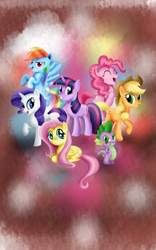 Size: 1024x1636 | Tagged: safe, artist:xeladuart, derpibooru import, applejack, fluttershy, pinkie pie, rainbow dash, rarity, spike, twilight sparkle, dragon, earth pony, pegasus, pony, unicorn, mane seven, mane six