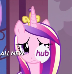 Size: 592x609 | Tagged: safe, screencap, princess cadance, alicorn, pony, twilight's kingdom, all new, cropped, hub logo, sad, solo, text