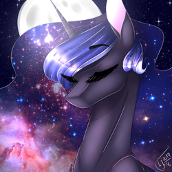 Size: 4000x4000 | Tagged: safe, artist:amai-aji, princess luna, alicorn, pony, absurd resolution, eyes closed, galaxy mane, moon, solo