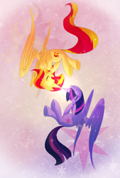 Size: 1378x2039 | Tagged: safe, artist:neko-luvz, derpibooru import, sunset shimmer, twilight sparkle, twilight sparkle (alicorn), alicorn, pony, alicornified, eyes closed, floating, horns are touching, race swap, shimmercorn, smiling