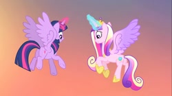 Size: 1100x618 | Tagged: safe, screencap, princess cadance, twilight sparkle, twilight sparkle (alicorn), alicorn, pony, three's a crowd, butt, colored wings, duo, female, flying, gradient wings, lovebutt, mare, plot, sisters-in-law, twibutt