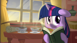 Size: 3001x1688 | Tagged: safe, artist:eagle1division, artist:stinkehund, derpibooru import, twilight sparkle, unicorn twilight, pony, unicorn, :>, book, crepuscular rays, cute, female, floppy ears, golden oaks library, hot chocolate, looking at you, mare, morning ponies, quill, reading, scroll, sitting, smiling, solo, teacup, twiabetes, window
