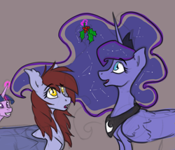 Size: 1280x1095 | Tagged: safe, artist:forbidden-solu, princess luna, oc, oc:fickle dissonance, alicorn, bat pony, pony, :o, colored sketch, eyes on the prize, fangs, female, gray background, grin, holly, holly mistaken for mistletoe, implied canon x oc, implied lesbian, implied shipping, levitation, looking up, magic, mare, open mouth, raised eyebrow, shipper on deck, simple background, smiling, squee, surprised, telekinesis