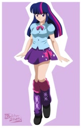 Size: 900x1390 | Tagged: safe, artist:butcherstudios, derpibooru import, twilight sparkle, human, equestria girls, clothes, female, humanized, light skin, looking at you, skirt, solo