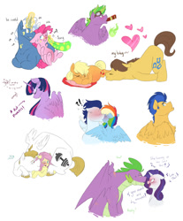 Size: 1024x1234 | Tagged: safe, artist:craftedfun3, derpibooru import, applejack, bulk biceps, caramel, flash sentry, fluttershy, pinkie pie, pokey pierce, rainbow dash, rarity, soarin', spike, twilight sparkle, twilight sparkle (alicorn), alicorn, dragon, earth pony, pegasus, pony, unicorn, carajack, female, flashlight, flutterbulk, male, mane seven, mane six, mare, older, older spike, pokeypie, ponified, ponified spike, pregnant, shipping, soarindash, sparity, straight