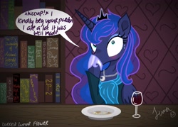 Size: 4583x3273 | Tagged: safe, artist:darkest-lunar-flower, princess luna, alicorn, pony, absurd resolution, alcohol, blushing, book, bookshelf, cute, dialogue, food, glass, hiccups, lunabetes, plate, wine, wine glass