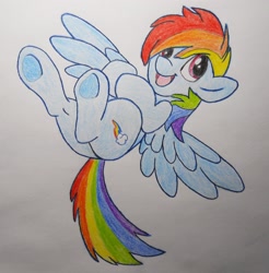 Size: 2000x2035 | Tagged: dead source, safe, artist:galekz, rainbow dash, pegasus, pony, female, mare, open mouth, smiling, solo, traditional art, underhoof