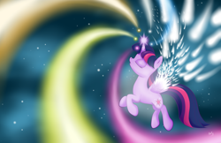 Size: 1024x663 | Tagged: safe, artist:sycotei-b, derpibooru import, twilight sparkle, twilight sparkle (alicorn), alicorn, pony, ascension, eyes closed, female, magic, mare, wings