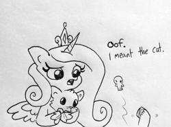 Size: 1504x1112 | Tagged: safe, artist:tjpones, princess cadance, shining armor, alicorn, cat, pony, unicorn, crown, faint, female, jewelry, lineart, mare, monochrome, regalia, simple background, traditional art