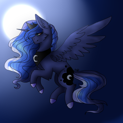 Size: 1000x1000 | Tagged: safe, artist:shadowstardraws, artist:winternightsnowflake, princess luna, alicorn, pony, collaboration, flying, moon, solo