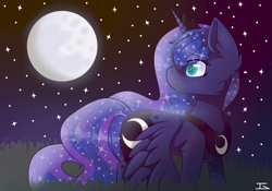 Size: 1024x717 | Tagged: safe, artist:meyha13, princess luna, alicorn, pony, colored pupils, grass, moon, night, smiling, solo, stars