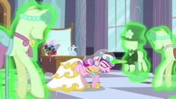 Size: 1280x720 | Tagged: safe, screencap, princess cadance, queen chrysalis, alicorn, changeling, changeling queen, pony, a canterlot wedding, clothes, disguise, disguised changeling, dress, fake cadance, mannequin, solo, this day aria
