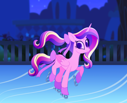 Size: 1262x1022 | Tagged: safe, artist:carouselunique, princess cadance, alicorn, pony, ice skates, ice skating, night, solo, teen princess cadance