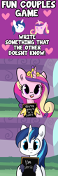 Size: 1650x4950 | Tagged: safe, artist:tjpones, edit, princess cadance, shining armor, alicorn, pony, unicorn, awkward, chalkboard, comic, ear fluff, female, fun couples game meme, game, heart, hoof hold, hoof shoes, implied flurry heart, implied infidelity, implied pregnancy, infertility, male, mare, pregnant, sign, stallion, this will end in divorce, unshorn fetlocks