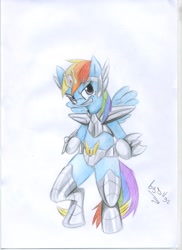 Size: 2550x3509 | Tagged: safe, artist:vd-dv, rainbow dash, pegasus, pony, armor, bipedal, crossover, parody, saint seiya, traditional art