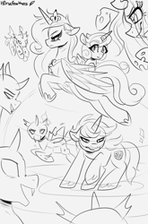 Size: 831x1262 | Tagged: safe, artist:h0rsefeathers, princess cadance, princess flurry heart, queen chrysalis, shining armor, alicorn, changeling, changeling queen, pony, unicorn, female, filly, male, mare, sketch, stallion