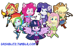 Size: 4920x3104 | Tagged: safe, artist:manic-the-lad, derpibooru import, applejack, fluttershy, pinkie pie, rainbow dash, rarity, sunset shimmer, twilight sparkle, twilight sparkle (alicorn), alicorn, equestria girls, chibi, horn, humane seven, mane six, ponied up