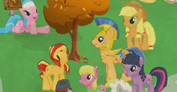 Size: 578x302 | Tagged: safe, derpibooru import, screencap, aloe, applejack, cherry berry, flash sentry, sunset shimmer, twilight sparkle, earth pony, pony, female, flashimmer, gameloft, love triangle, male, mobile game, shipping, straight