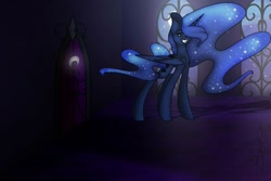 Size: 1033x689 | Tagged: safe, artist:musast0rm, nightmare moon, princess luna, alicorn, pony, female, grin, mare, smiling, solo