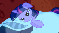 Size: 1280x720 | Tagged: safe, derpibooru import, screencap, twilight sparkle, friendship is magic, angry, bed, floppy ears, grumpy, grumpy twilight, holding, lying down, moonlight, night, on side, pillow, solo, twilight is not amused, unamused, upset