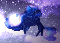 Size: 2448x1772 | Tagged: safe, artist:immagoddampony, artist:jemmiej18, princess luna, alicorn, pony, flying, galaxy mane, moon, pony bigger than a planet, prehensile mane, solo, tangible heavenly object