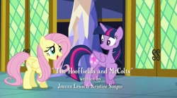 Size: 802x446 | Tagged: safe, derpibooru import, screencap, fluttershy, twilight sparkle, twilight sparkle (alicorn), alicorn, pegasus, pony, the hooffields and mccolts, booty call, duo, female, glowing cutie mark, joanna lewis, kristine songco, mare, opening credits, raised hoof