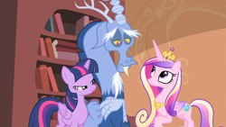 Size: 1920x1080 | Tagged: safe, screencap, discord, princess cadance, twilight sparkle, twilight sparkle (alicorn), alicorn, pony, three's a crowd, blue flu, book, bookshelf, looking up