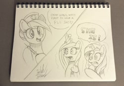 Size: 1024x709 | Tagged: safe, artist:fuzon-s, nurse redheart, princess cadance, sunset shimmer, alicorn, pony, andy price style, comic, dialogue, grayscale, monochrome, needle, pencil drawing, scared, shaking, style emulation, syringe, traditional art, trypanophobia, vaccination