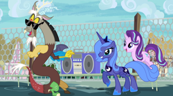 Size: 1276x710 | Tagged: safe, screencap, discord, princess luna, starlight glimmer, alicorn, draconequus, pony, unicorn, boombox, fresh princess of friendship, s1 luna, sunglasses