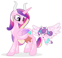 Size: 7167x6667 | Tagged: safe, artist:besttubahorse, princess cadance, princess flurry heart, cow, absurd resolution, cow udder, cowified, duo, eyes closed, female, floppy ears, flying, looking back, mother and child, mother and daughter, open mouth, parent and child, princess cowdance, simple background, smiling, species swap, spread wings, transparent background, udder, underhoof, vector