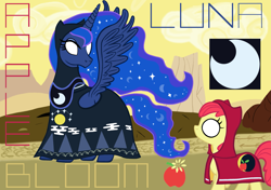 Size: 3501x2466 | Tagged: safe, artist:warsadlepony, apple bloom, princess luna, alicorn, pony, apple, crossover, food, journey