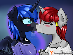 Size: 1024x768 | Tagged: safe, artist:saturnstar14, princess luna, oc, oc:ruby, anthro, anthro oc, blushing, canon x oc, commission, female, kissing, lesbian, patreon, patreon logo, surprise kiss, watermark